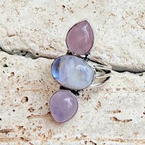 Rainbow Moonstone & Rose Quartz 925 Silver Overlay Ring Size 8